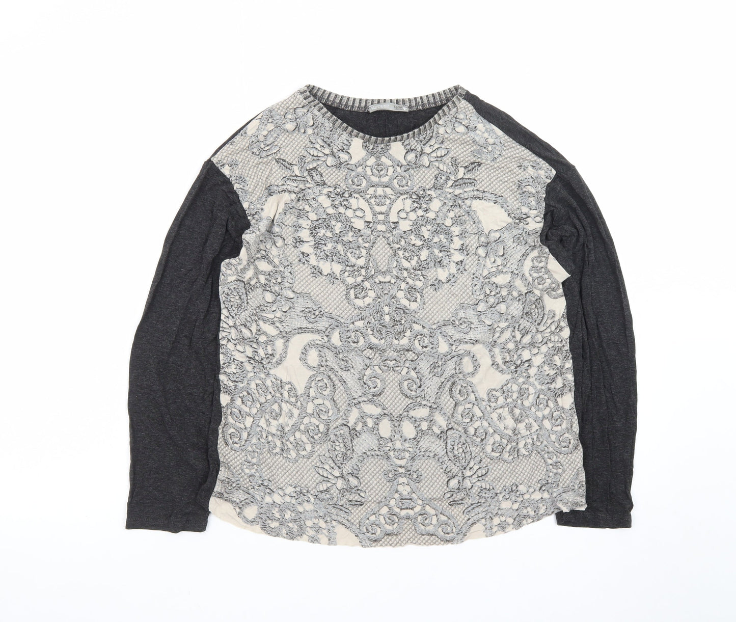 Zara Women Grey Lace Front Long Sleeve Jersey T-Shirt L