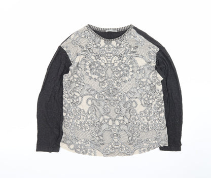 Zara Women Grey Lace Front Long Sleeve Jersey T-Shirt L