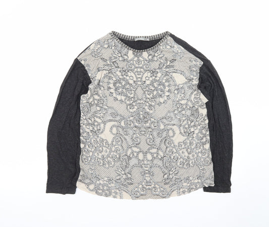 Zara Women Grey Lace Front Long Sleeve Jersey T-Shirt L