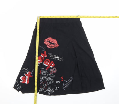 Desigual Womens Black A-Line Embroidered Art Skirt Size M