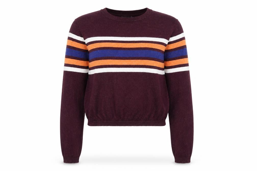 Front view of Cooperative women’s brown striped crew neck jumper, size S