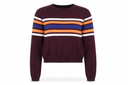 Front view of Cooperative women’s brown striped crew neck jumper, size S