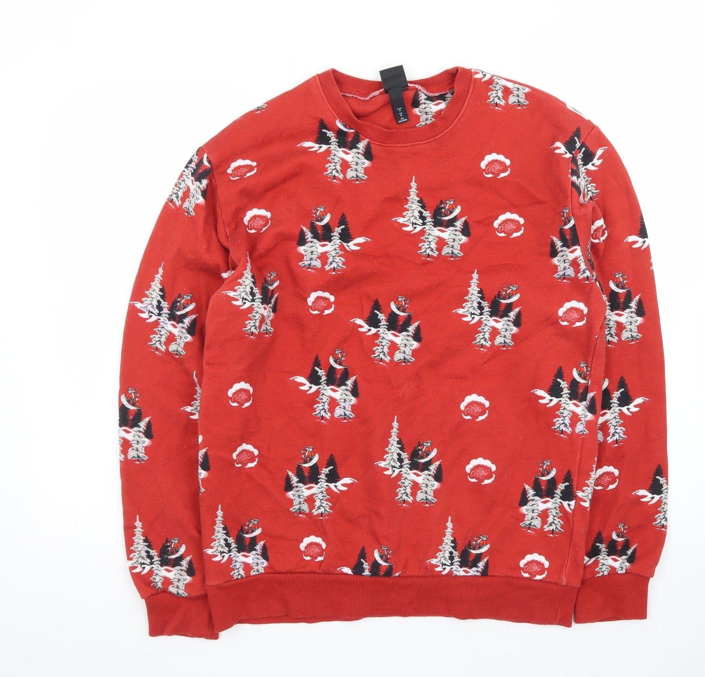H&M Women Red Christmas Graphic Long Sleeve Cotton Jumper M