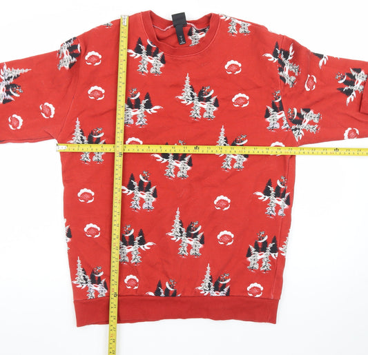 H&M Women Red Christmas Graphic Long Sleeve Cotton Jumper M