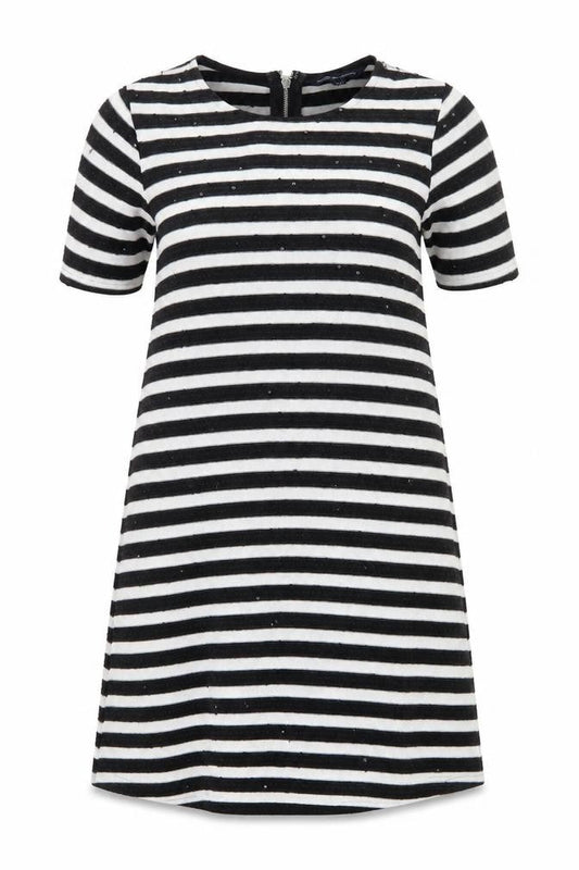 Front view of French Connection Women's Black White Striped Shift Dress, size 8