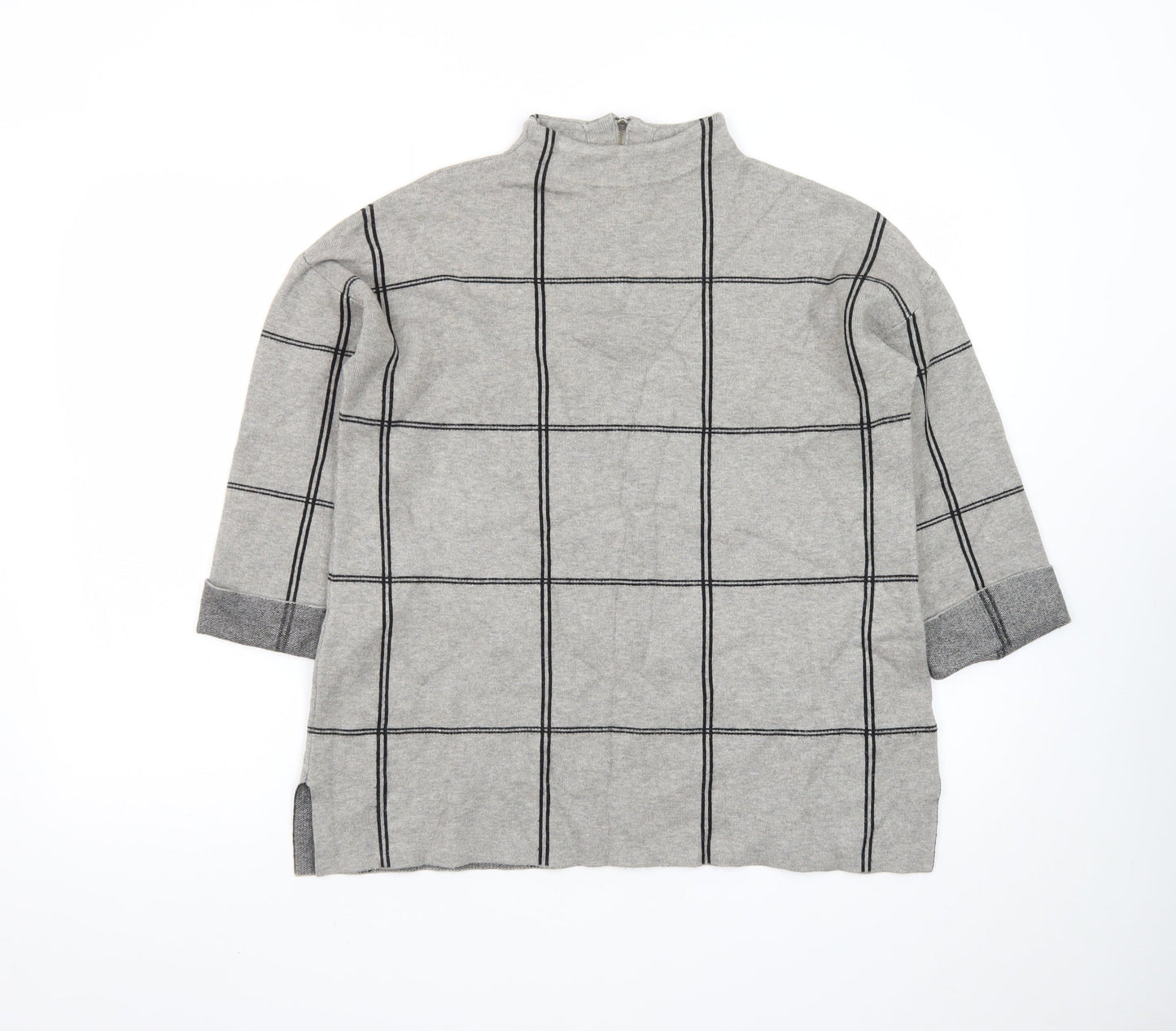 Tahari Women Grey Check Tunic Top Mock Neck 3/4 Sleeve Size M