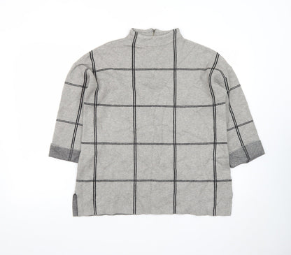 Tahari Women Grey Check Tunic Top Mock Neck 3/4 Sleeve Size M