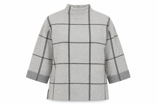 Tahari Women Grey Check Tunic Top Mock Neck 3/4 Sleeve Size M