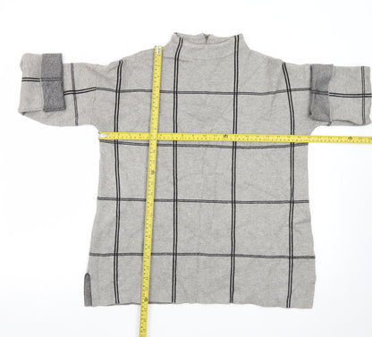 Tahari Women Grey Check Tunic Top Mock Neck 3/4 Sleeve Size M