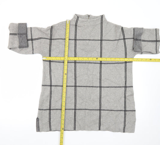 Tahari Women Grey Check Tunic Top Mock Neck 3/4 Sleeve Size M