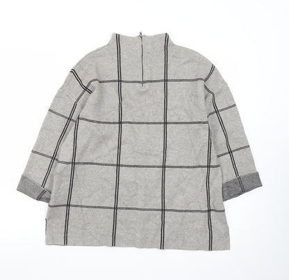 Tahari Women Grey Check Tunic Top Mock Neck 3/4 Sleeve Size M