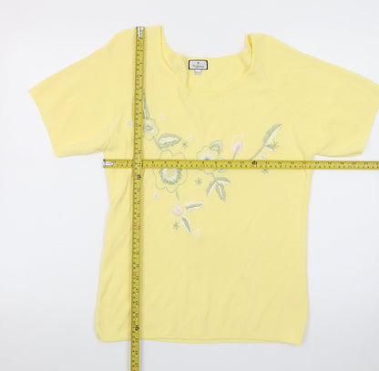 Tiffany Womens Yellow Floral Embroidered Knit T-Shirt Size 18/20