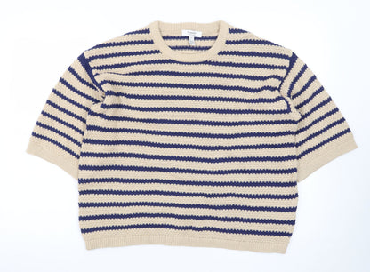 b.young Men's Beige Striped Cotton Short Sleeve Crew Neck Pullover Jumper L
