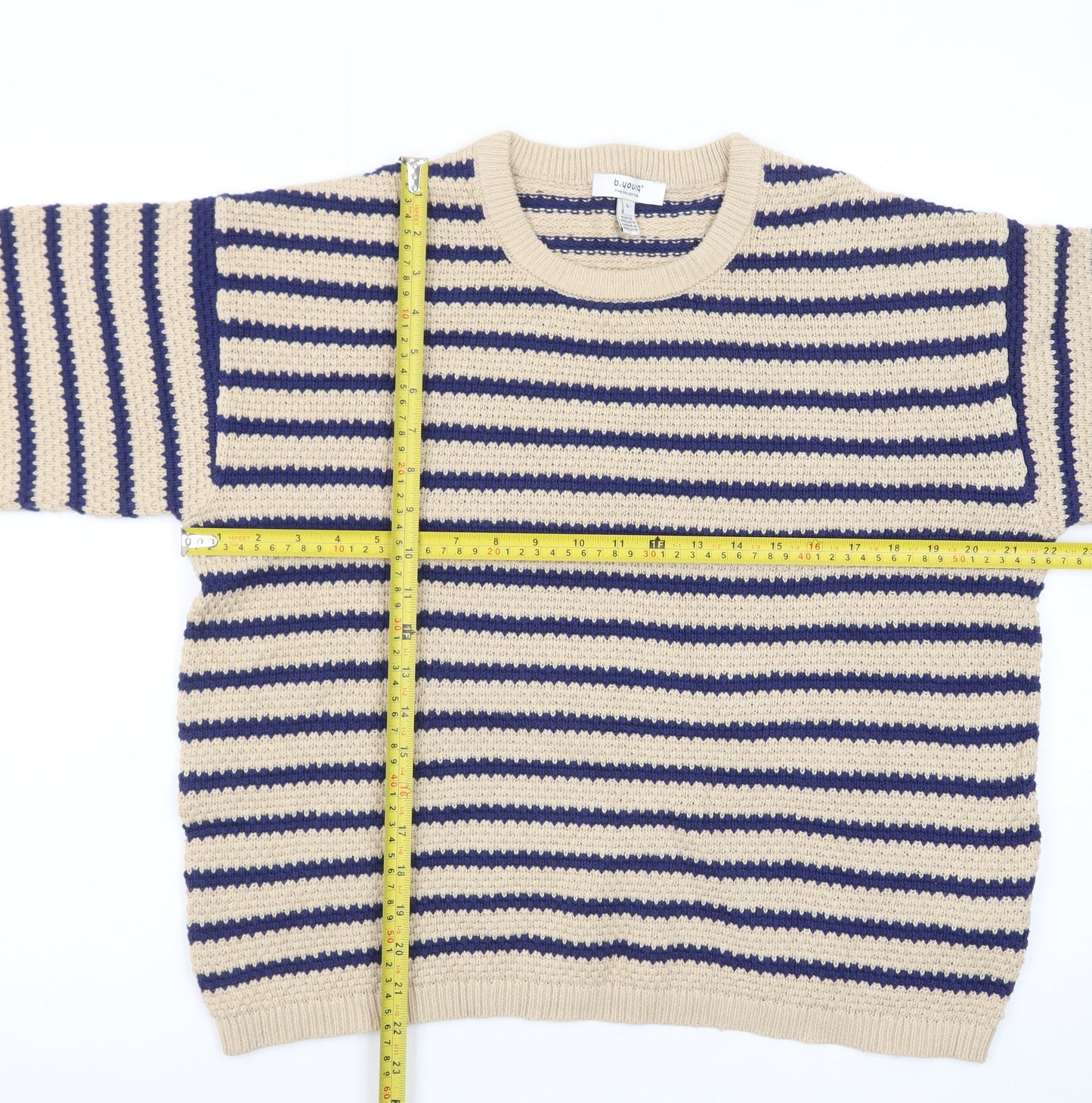b.young Men's Beige Striped Cotton Short Sleeve Crew Neck Pullover Jumper L