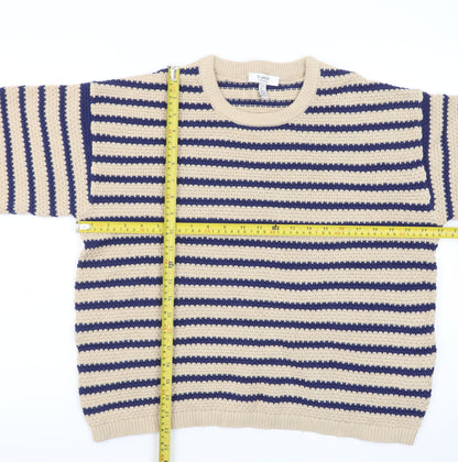 b.young Men's Beige Striped Cotton Short Sleeve Crew Neck Pullover Jumper L