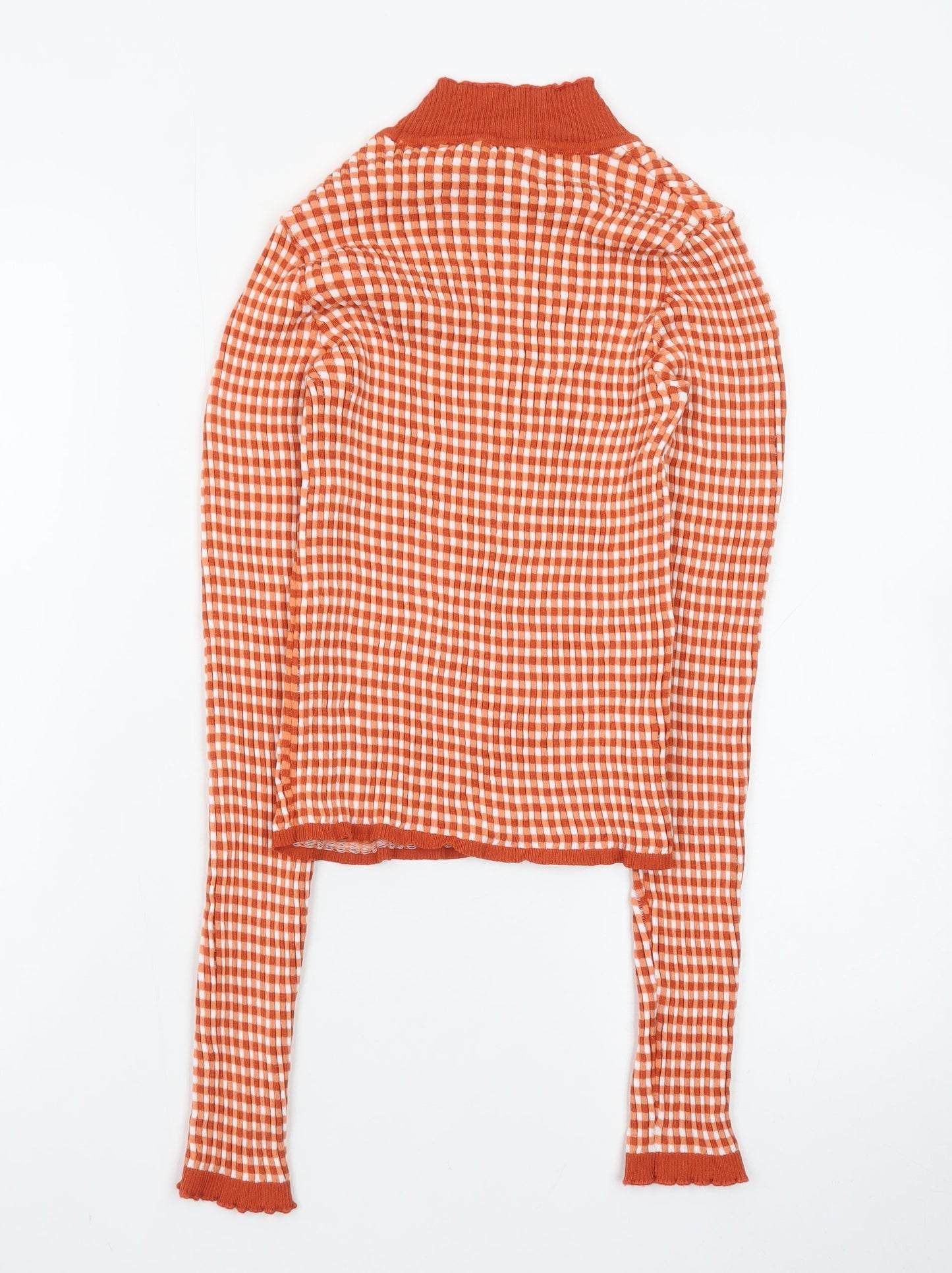 MNG Women’s Orange Gingham Check Roll Neck Cropped Top Size S