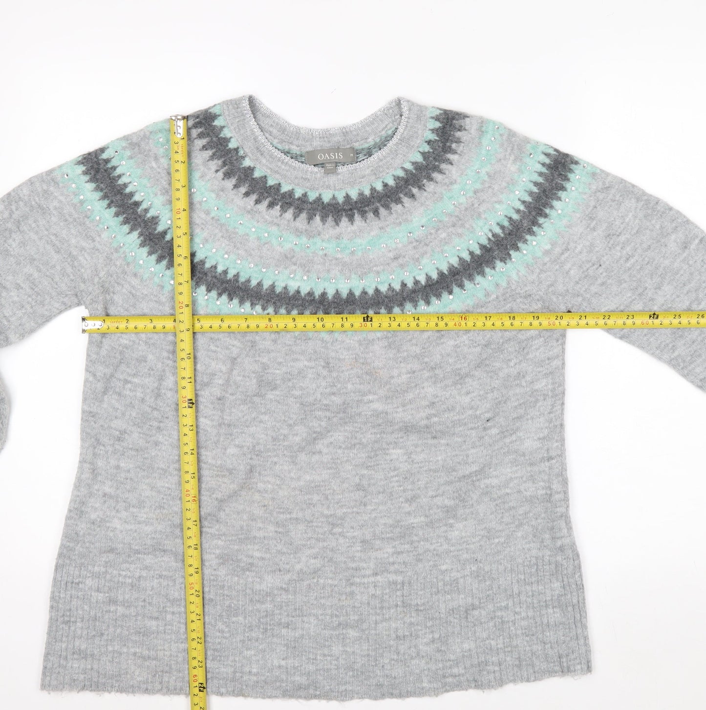 Oasis Womens Grey Fair Isle Rhinestone Knit Jumper Size M