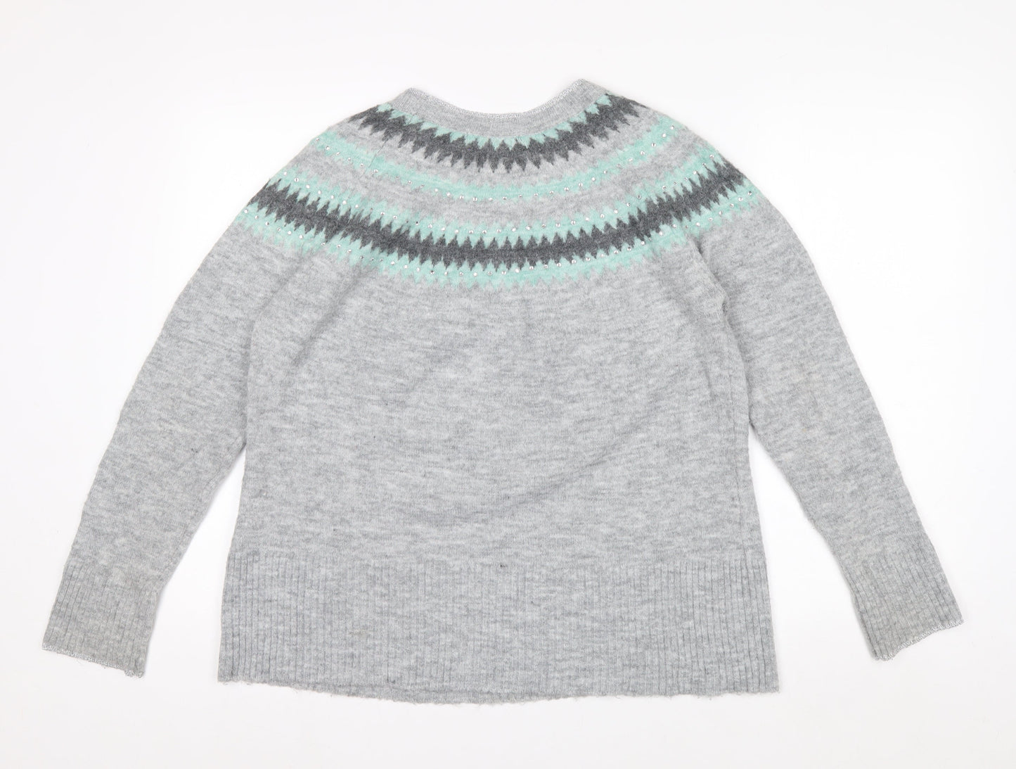 Oasis Womens Grey Fair Isle Rhinestone Knit Jumper Size M