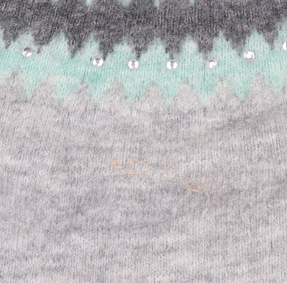 Oasis Womens Grey Fair Isle Rhinestone Knit Jumper Size M