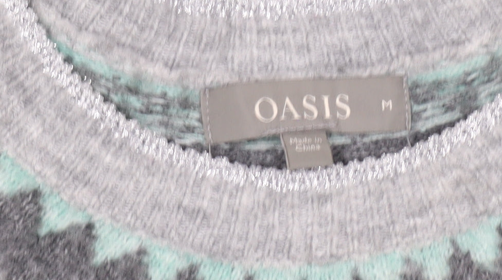 Oasis Womens Grey Fair Isle Rhinestone Knit Jumper Size M