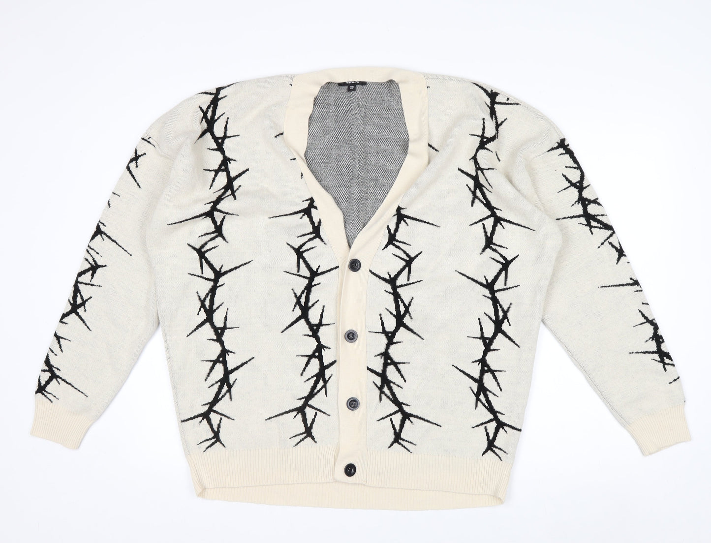 BoohooMAN Men's Beige XS V-Neck Button Cardigan with Graphic Print