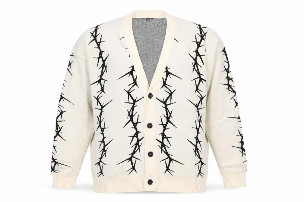 Front view of boohooMAN Men's Beige XS V-Neck Button Cardigan with Graphic Print