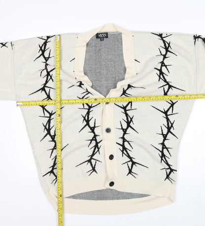 BoohooMAN Men's Beige XS V-Neck Button Cardigan with Graphic Print