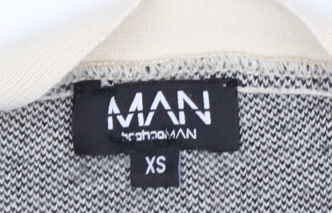 BoohooMAN Men's Beige XS V-Neck Button Cardigan with Graphic Print