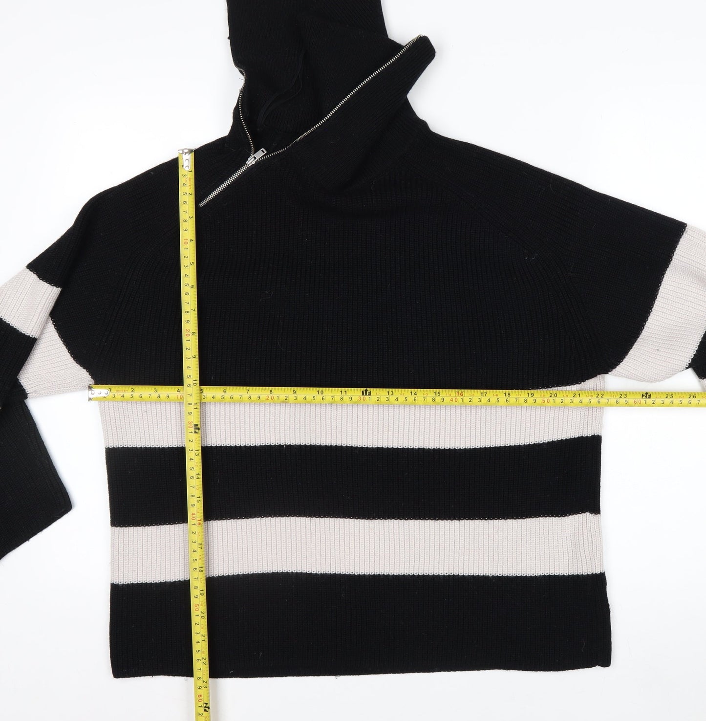 COS Womens Black Striped Wool Blend High Neck Zip Jumper Size 12