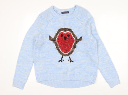 Marks and Spencer Women’s Blue Robin Christmas Pullover Jumper Size 12