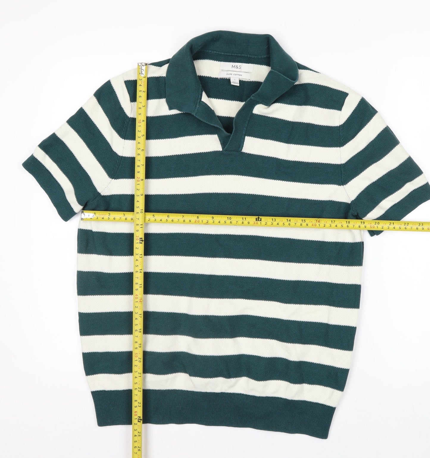Marks and Spencer Men's Green Striped Cotton Polo Shirt L