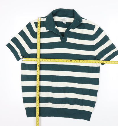 Marks and Spencer Men's Green Striped Cotton Polo Shirt L