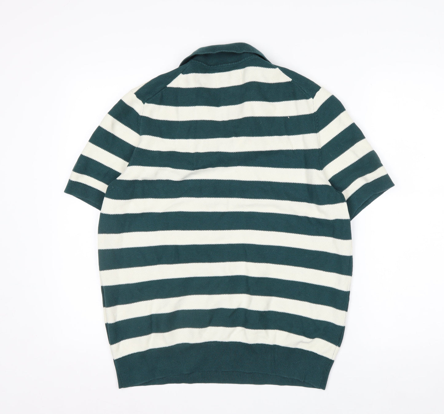 Marks and Spencer Men's Green Striped Cotton Polo Shirt L