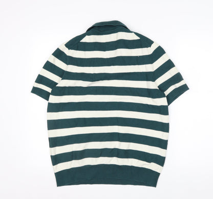 Marks and Spencer Men's Green Striped Cotton Polo Shirt L