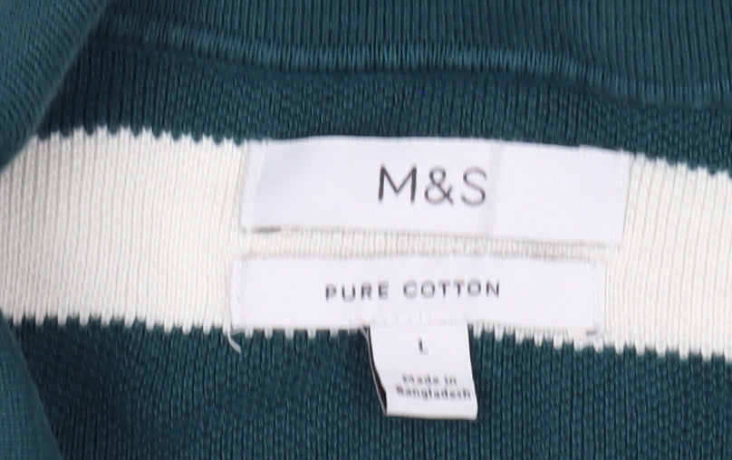 Marks and Spencer Men's Green Striped Cotton Polo Shirt L