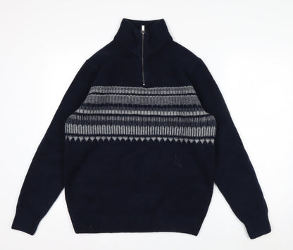 Marks and Spencer Men's Blue Geometric 1/2 Zip Wool Blend Jumper M