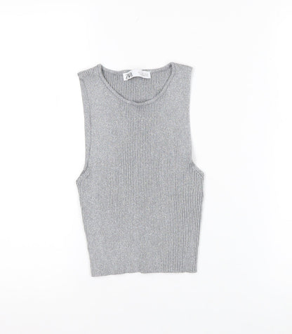 ZARA Women Grey Ribbed Knit Cropped Tank Top Size S