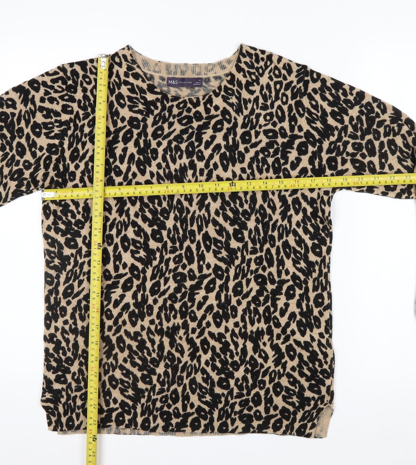 Marks and Spencer Women Beige Leopard Print Acrylic Jumper Size 14
