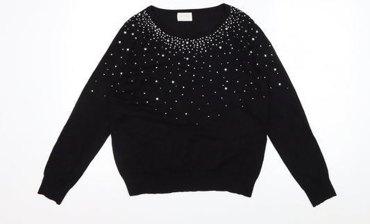 Lauren Taylor Womens Black Star Beaded Knit Jumper Size M