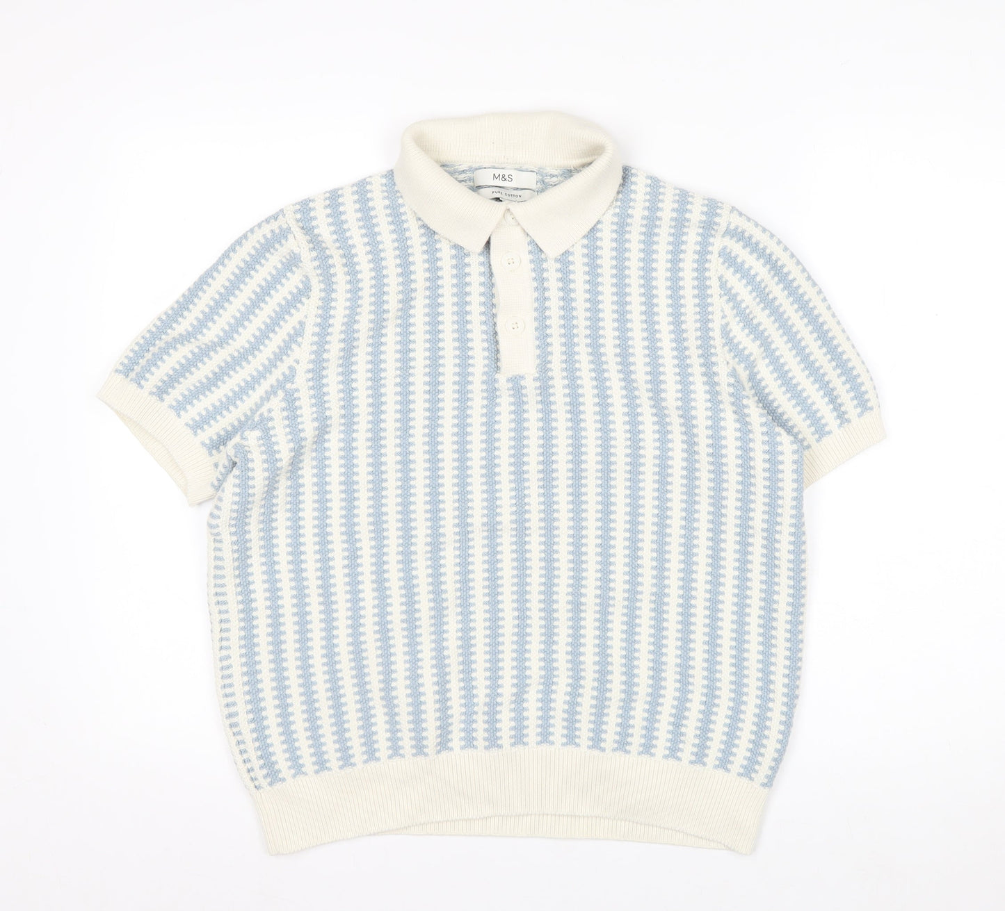 Marks and Spencer Men Blue Cream Cotton Short Sleeve Polo L