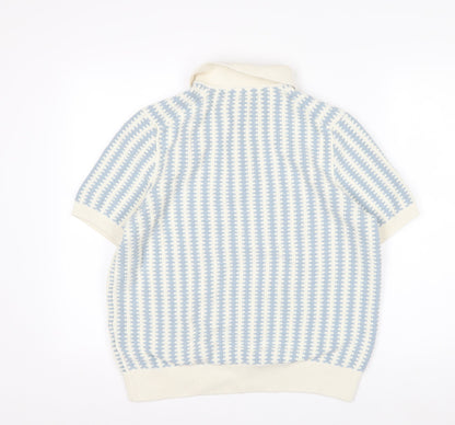 Marks and Spencer Men Blue Cream Cotton Short Sleeve Polo L