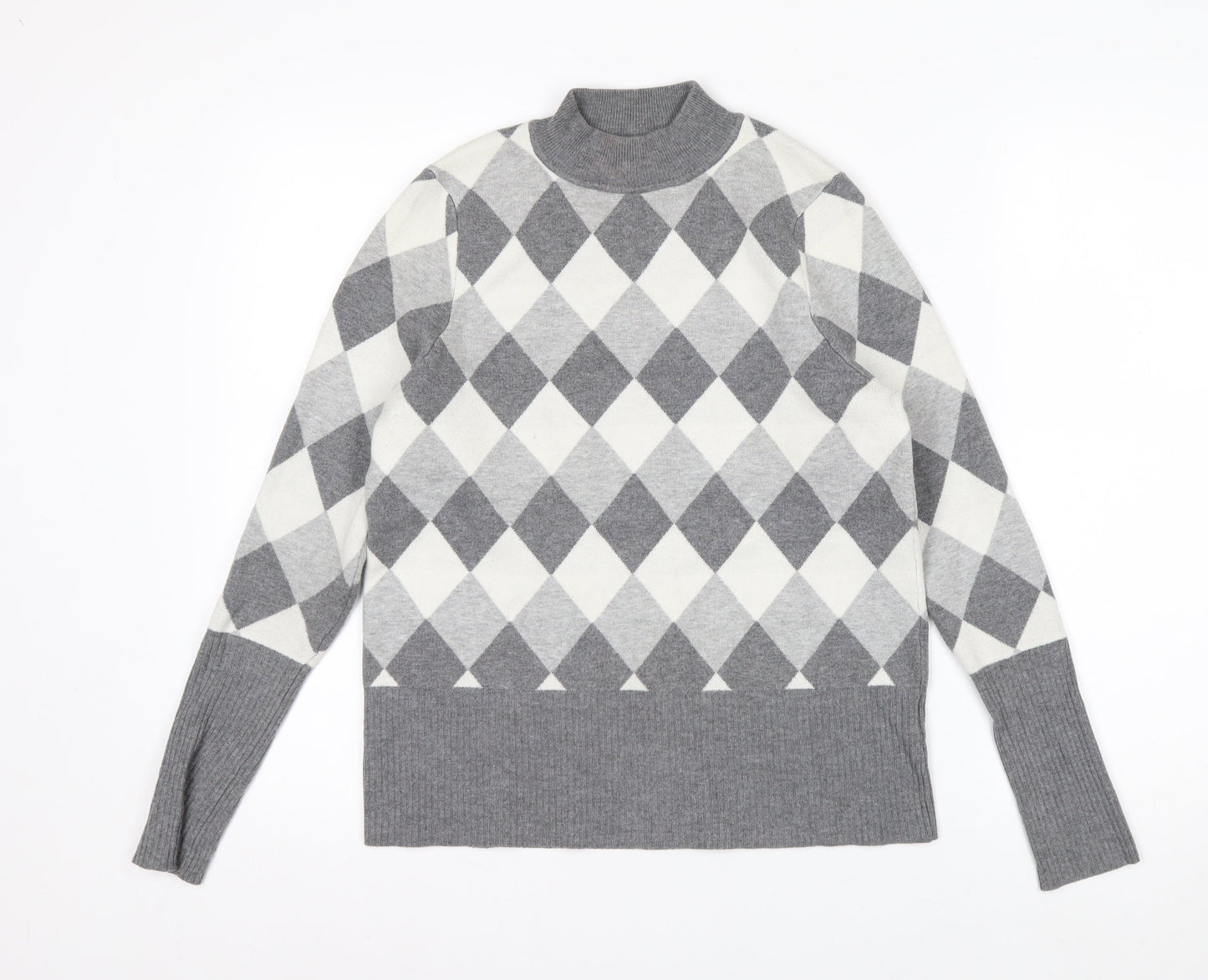 Marks and Spencer Women’s Grey Argyle Mock Neck Knit Jumper Size 14
