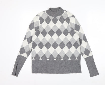 Marks and Spencer Women’s Grey Argyle Mock Neck Knit Jumper Size 14