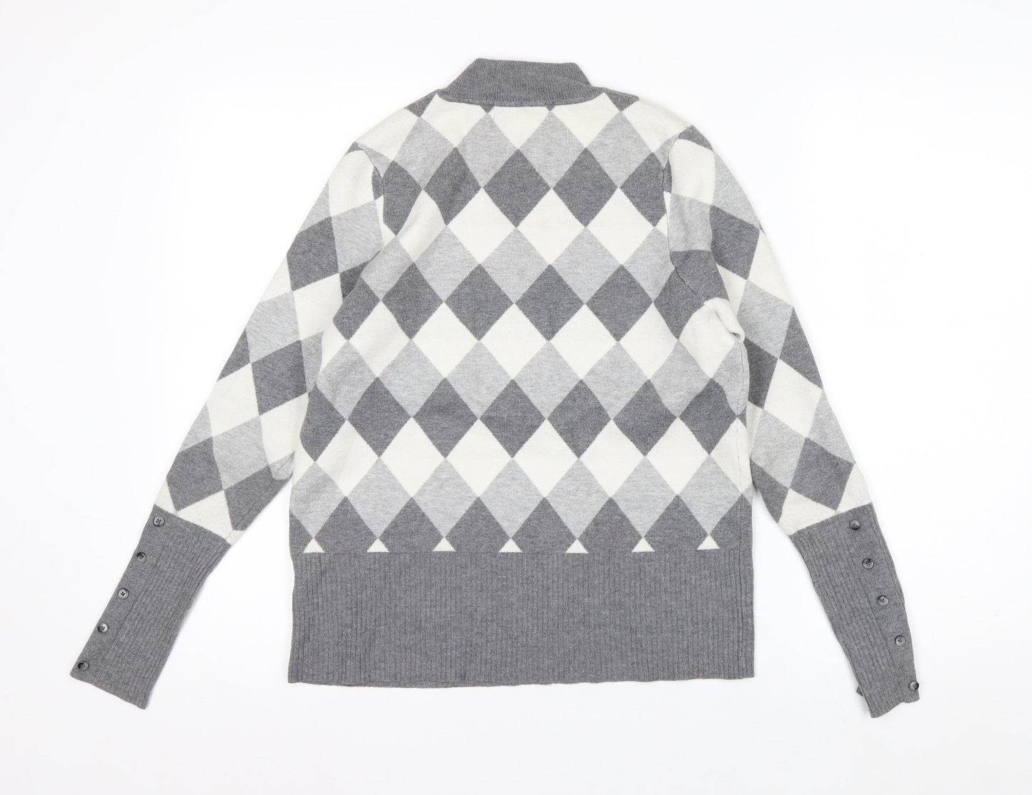 Marks and Spencer Women’s Grey Argyle Mock Neck Knit Jumper Size 14
