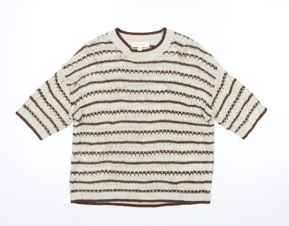 Marks and Spencer Per Una Women's Beige Striped 3/4 Sleeve Knit Jumper M