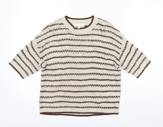 Marks and Spencer Per Una Women's Beige Striped 3/4 Sleeve Knit Jumper M