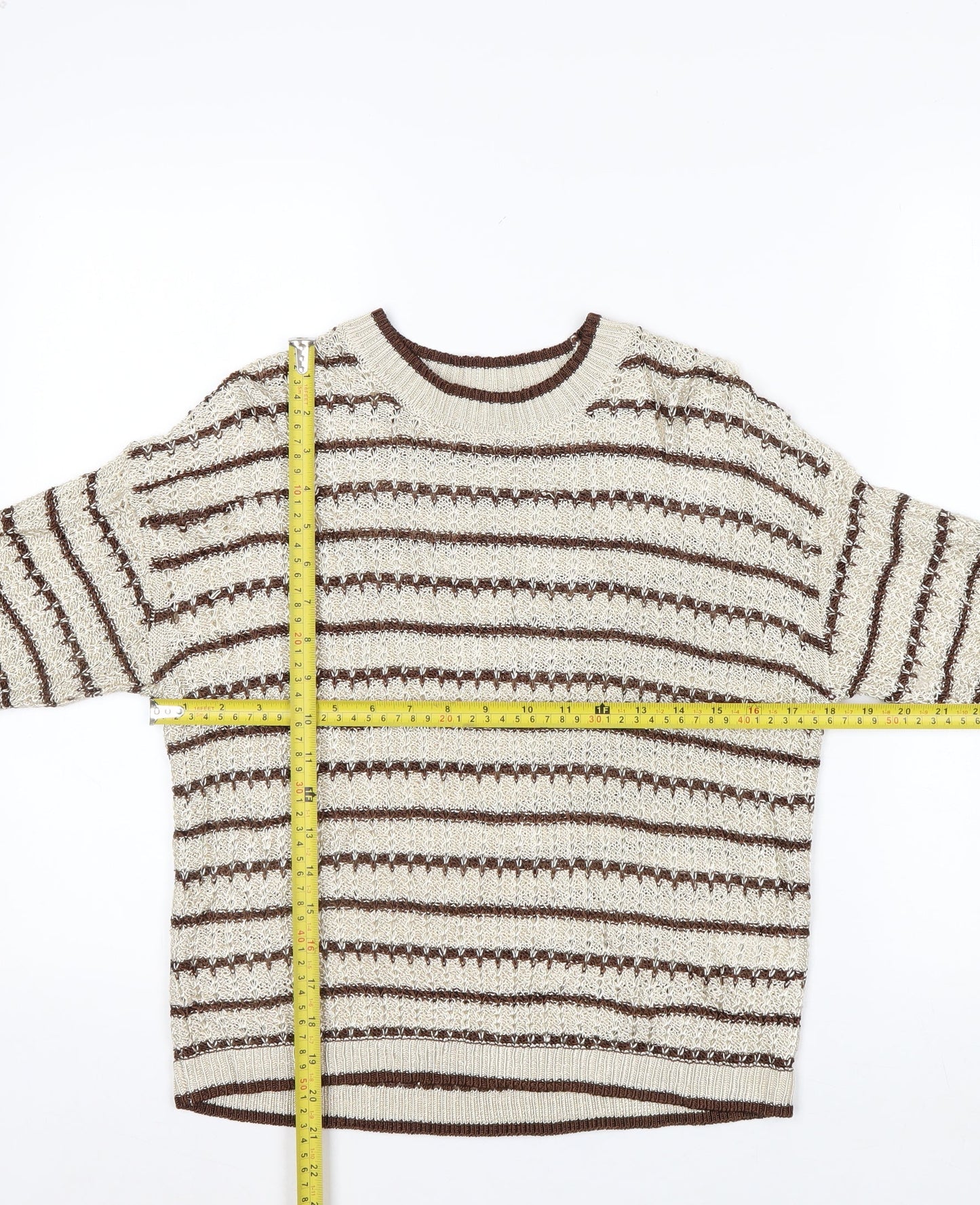 Marks and Spencer Per Una Women's Beige Striped 3/4 Sleeve Knit Jumper M