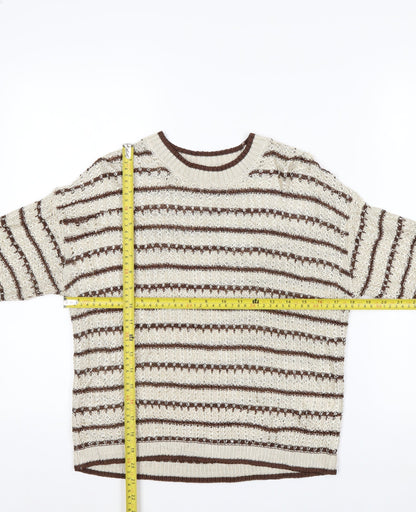 Marks and Spencer Per Una Women's Beige Striped 3/4 Sleeve Knit Jumper M