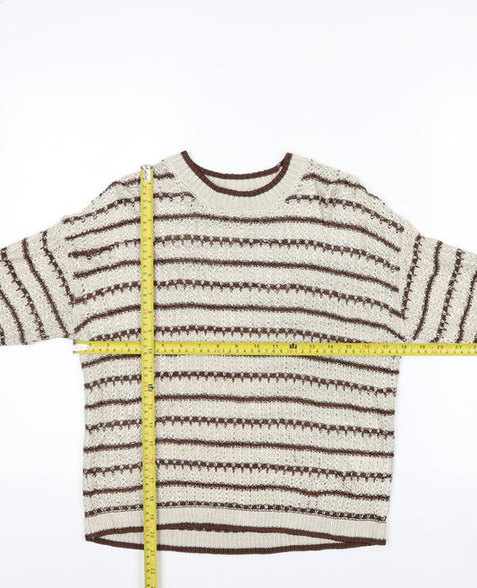 Marks and Spencer Per Una Women's Beige Striped 3/4 Sleeve Knit Jumper M