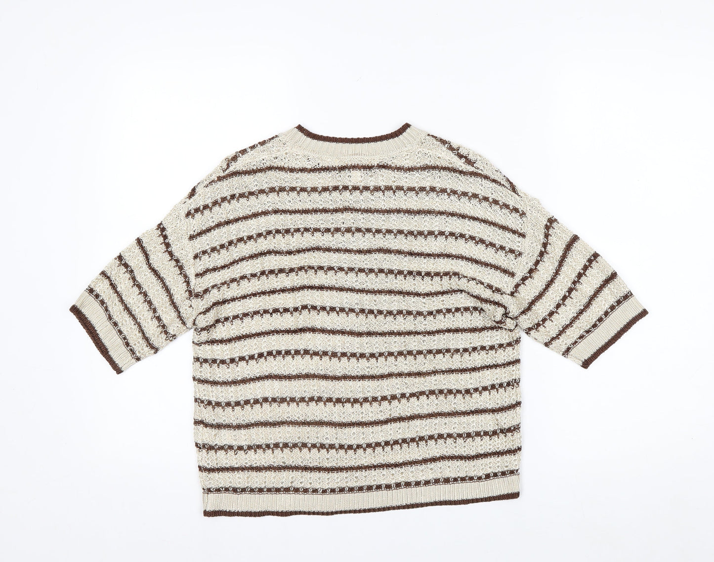Marks and Spencer Per Una Women's Beige Striped 3/4 Sleeve Knit Jumper M